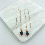 18K Gold Layered Oro Laminado Black & Red Rhinestone Stud Drop in Long Threader Earrings Wholesale 21.0329/17