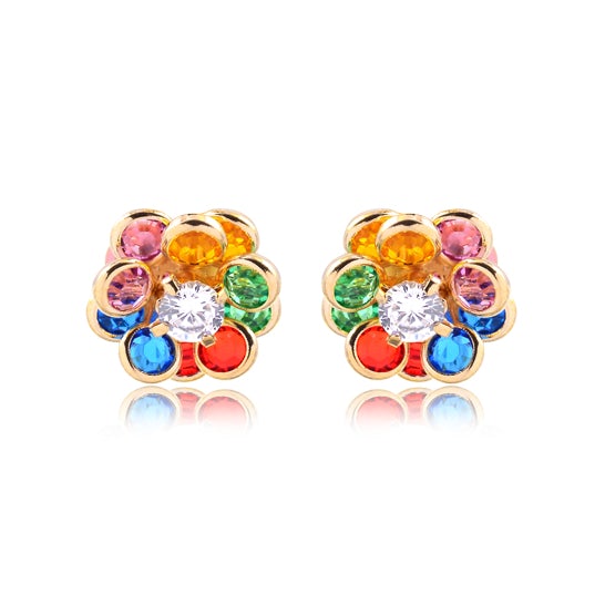 18K Gold Layered Oro Laminado Clear Cubic Zirconia Center with Assorted Rhinestone Earrings Flower Design Push Back Earrings Wholesale 21.0333/2/6/17/30