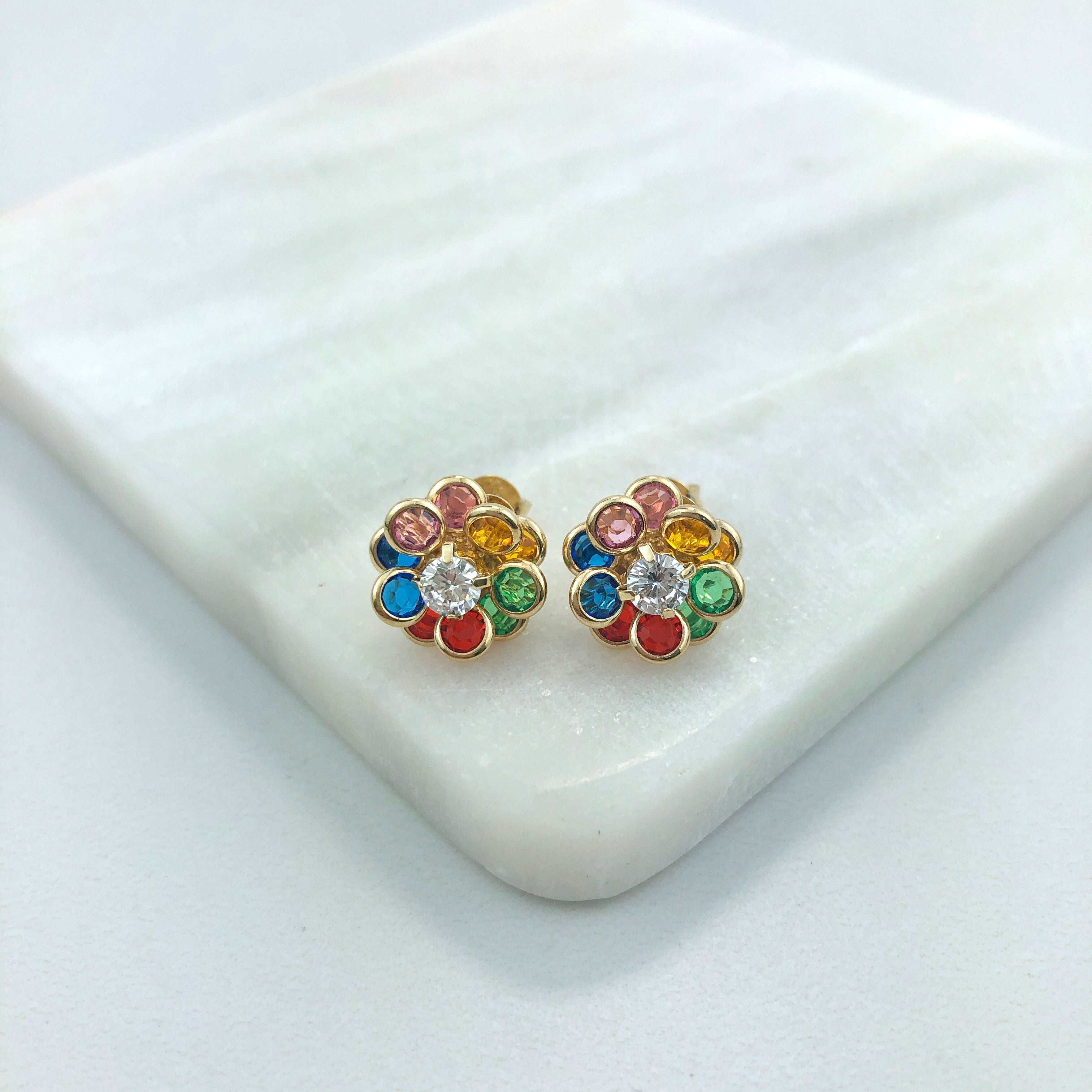 18K Gold Layered Oro Laminado Clear Cubic Zirconia Center with Assorted Rhinestone Earrings Flower Design Push Back Earrings Wholesale 21.0333/2/6/17/30