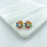 18K Gold Layered Oro Laminado Clear Cubic Zirconia Center with Assorted Rhinestone Earrings Flower Design Push Back Earrings Wholesale 21.0333/2/6/17/30
