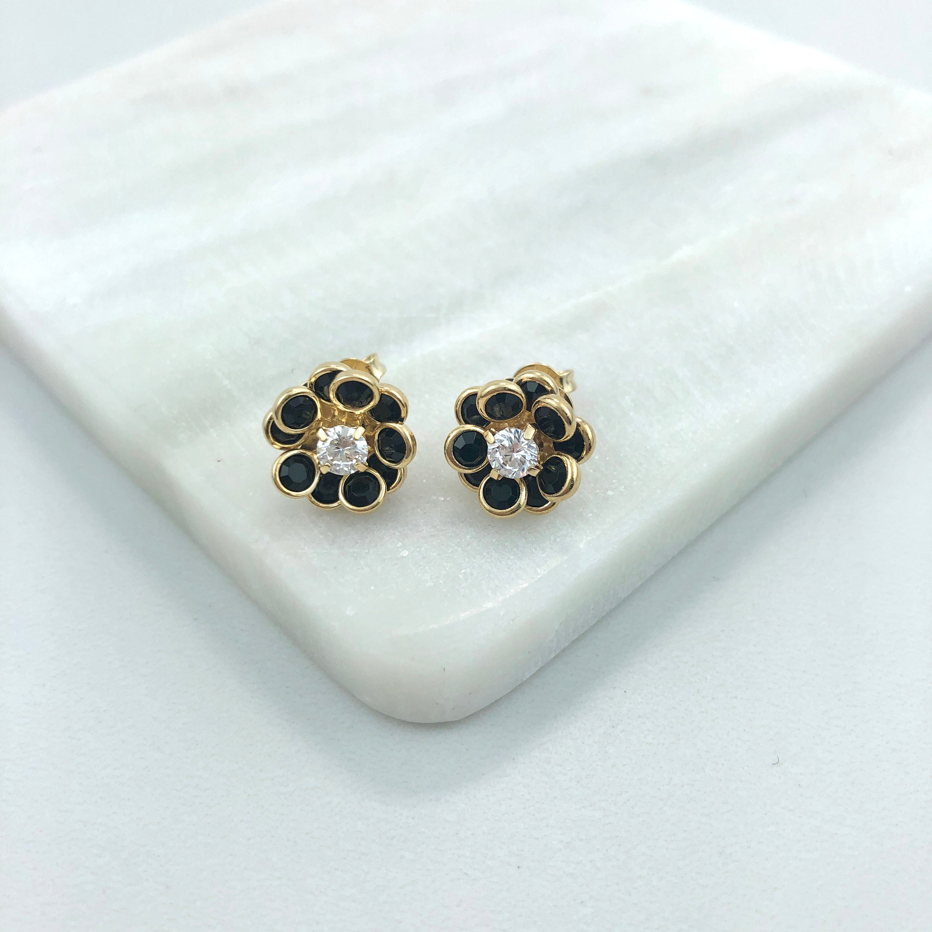 18K Gold Layered Oro Laminado Clear Cubic Zirconia Center with Assorted Rhinestone Earrings Flower Design Push Back Earrings Wholesale 21.0333/2/6/17/30