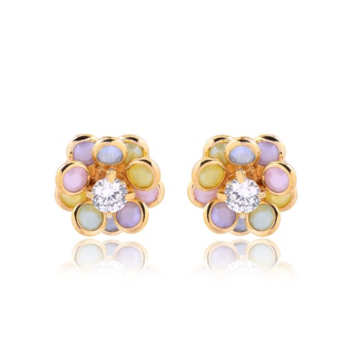 18K Gold Layered Oro Laminado Clear Cubic Zirconia Center with Assorted Rhinestone Earrings Flower Design Push Back Earrings Wholesale 21.0333/2/6/17/30