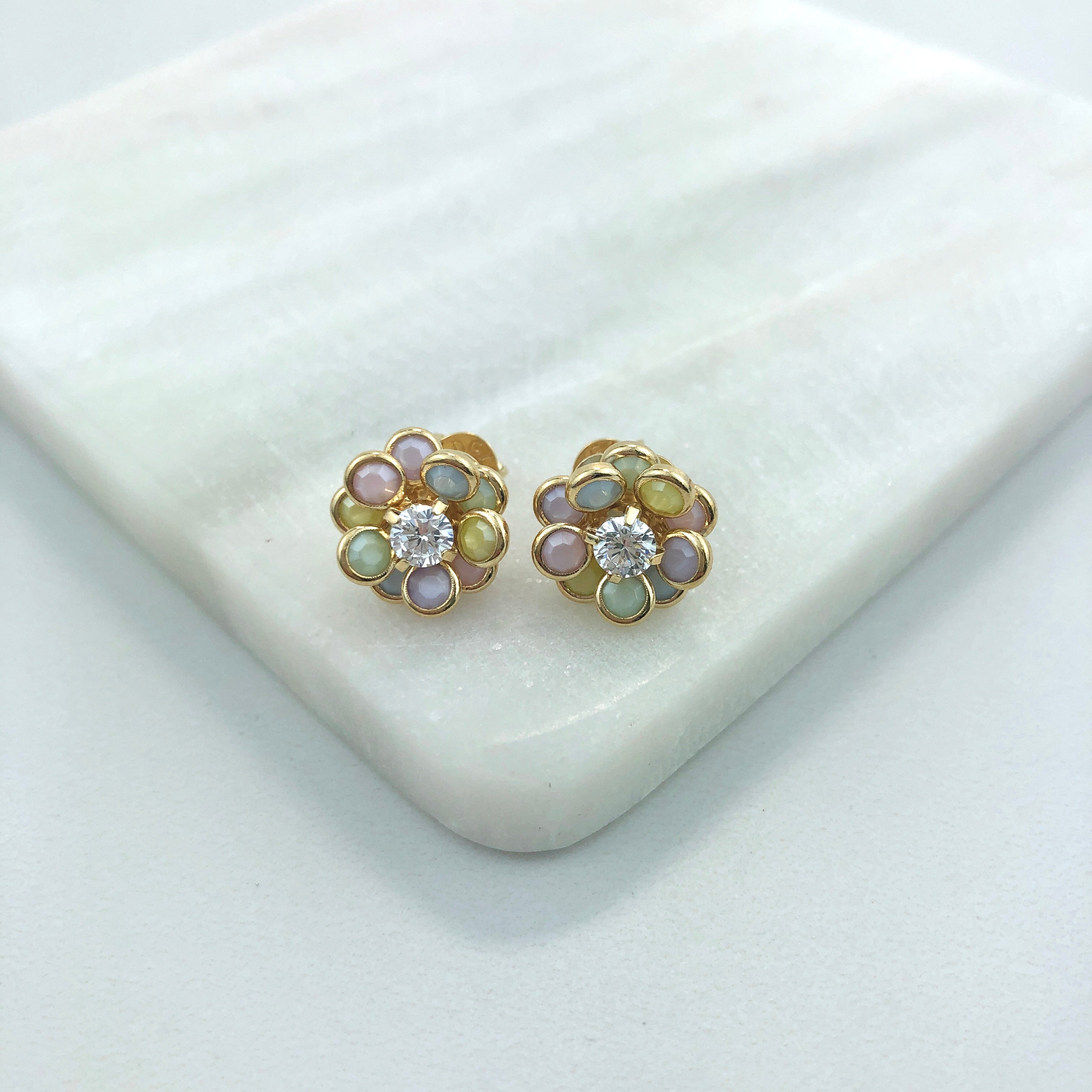 18K Gold Layered Oro Laminado Clear Cubic Zirconia Center with Assorted Rhinestone Earrings Flower Design Push Back Earrings Wholesale 21.0333/2/6/17/30