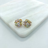 18K Gold Layered Oro Laminado Clear Cubic Zirconia Center with Assorted Rhinestone Earrings Flower Design Push Back Earrings Wholesale 21.0333/2/6/17/30