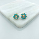 18K Gold Layered Oro Laminado Clear Cubic Zirconia Center with Assorted Rhinestone Earrings Flower Design Push Back Earrings Wholesale 21.0333/2/6/17/30