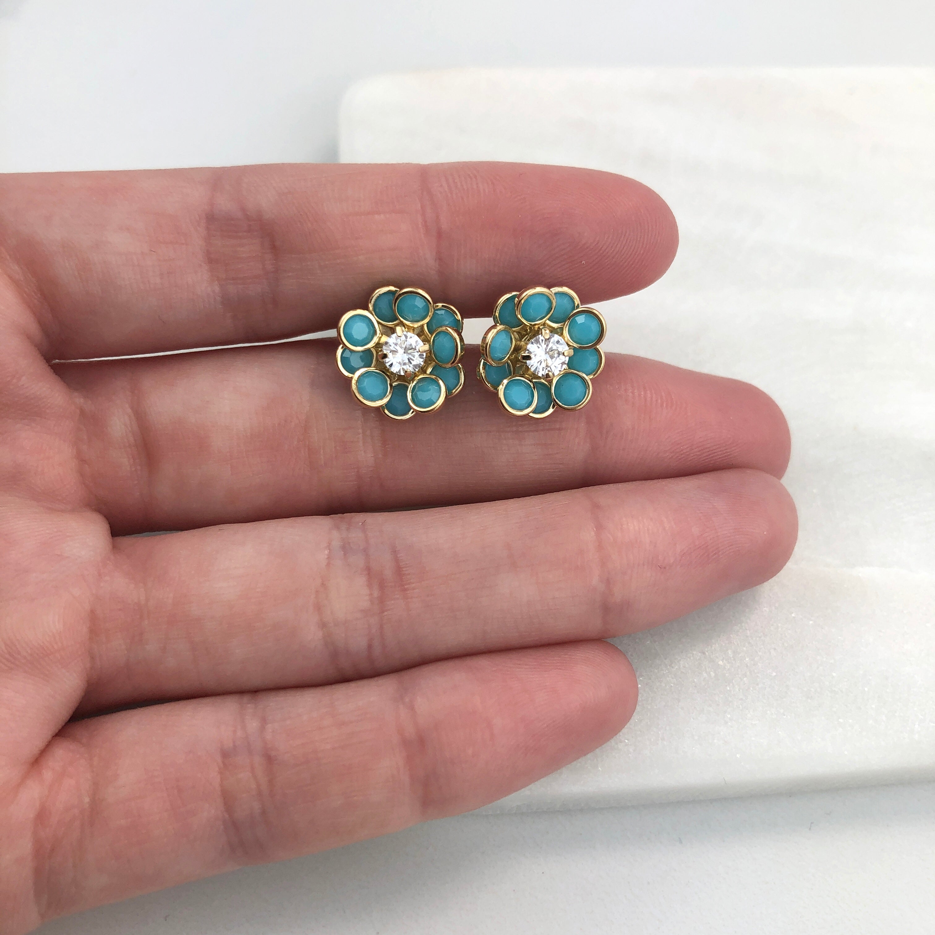 18K Gold Layered Oro Laminado Clear Cubic Zirconia Center with Assorted Rhinestone Earrings Flower Design Push Back Earrings Wholesale 21.0333/2/6/17/30