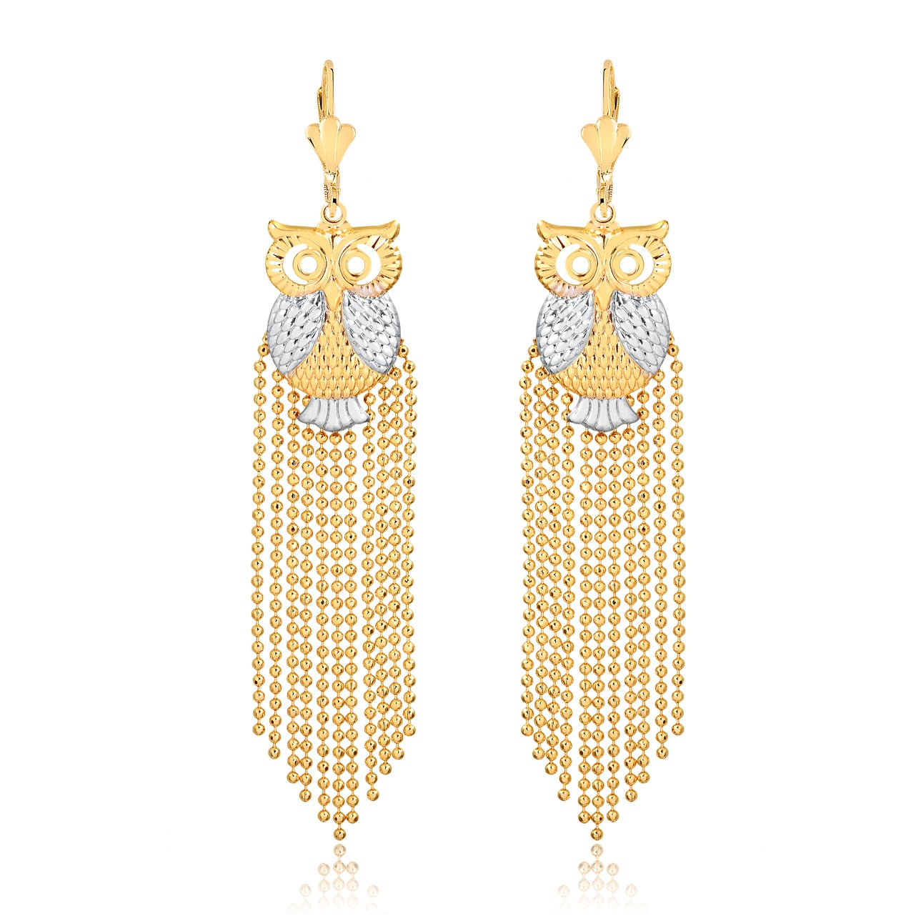 18K Gold Layered Oro Laminado Two Tones Owl Design Ball Chain Link Tassel Earrings Wholesale 21.0334