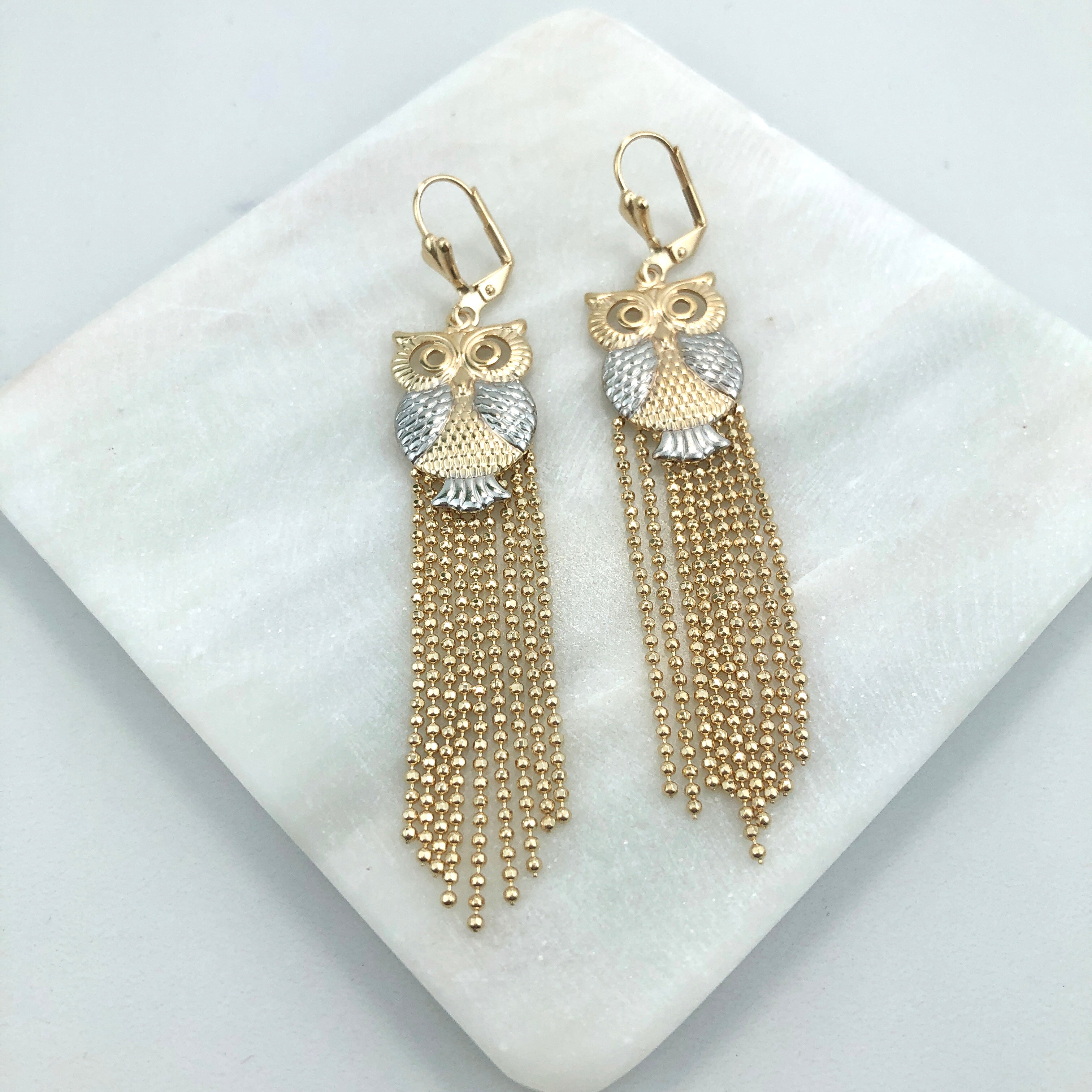 18K Gold Layered Oro Laminado Two Tones Owl Design Ball Chain Link Tassel Earrings Wholesale 21.0334