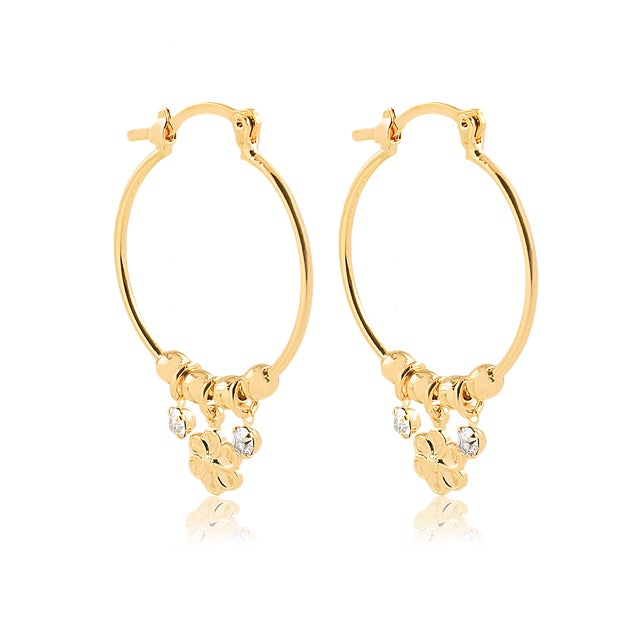 18K Gold Layered Oro Laminado 25 mm Cylinder Hoops with Flower Clear CZ Drop 21.0339/1