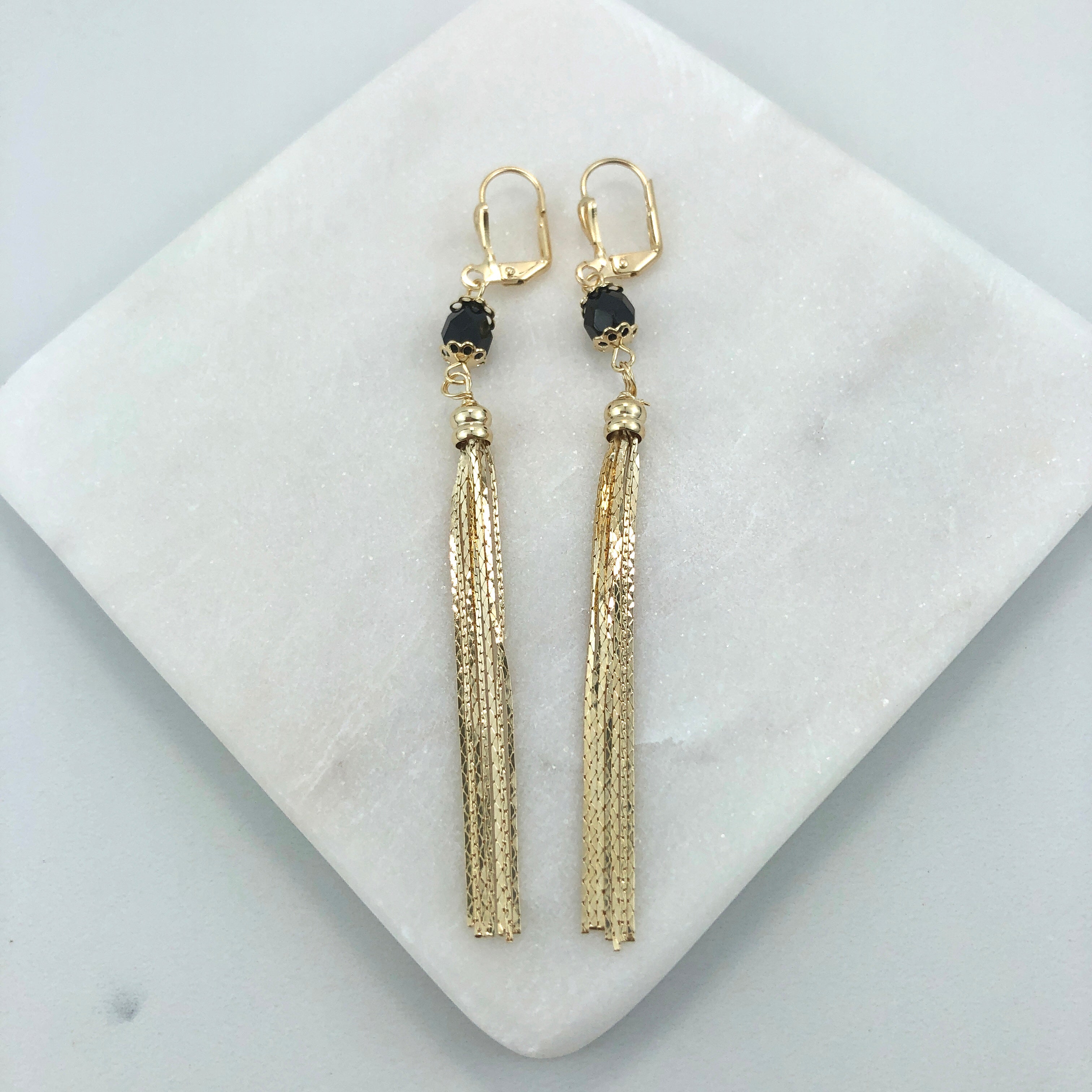 18K Gold Layered Oro Laminado Black Rhinestone In Tassel Earrings Starry Link Wholesale 21.0342/2