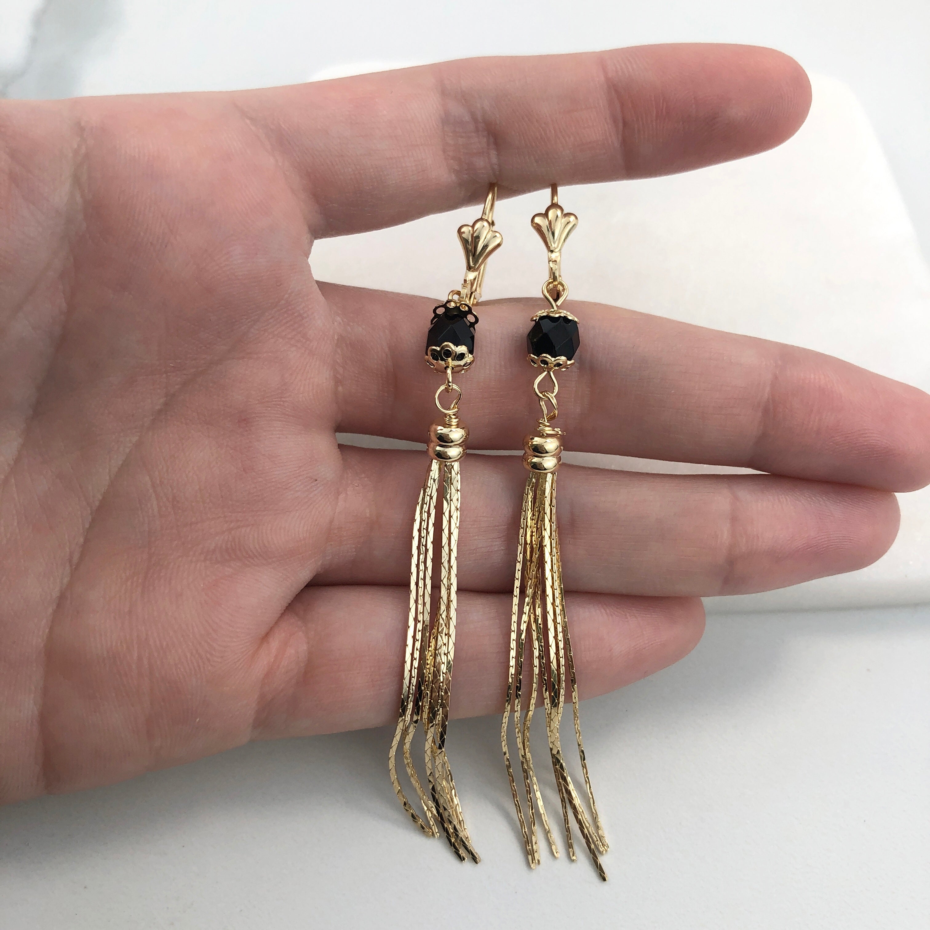 18K Gold Layered Oro Laminado Black Rhinestone In Tassel Earrings Starry Link Wholesale 21.0342/2