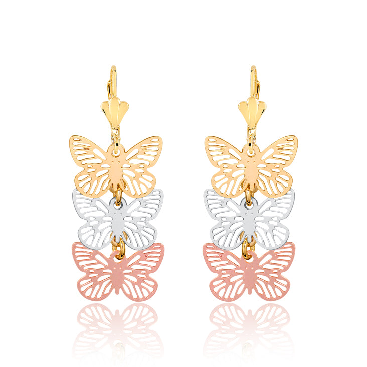 18K Gold Layered Oro Laminado Tri-Tone Cut Out Butterfly Design Dangle Earrings 21.0343