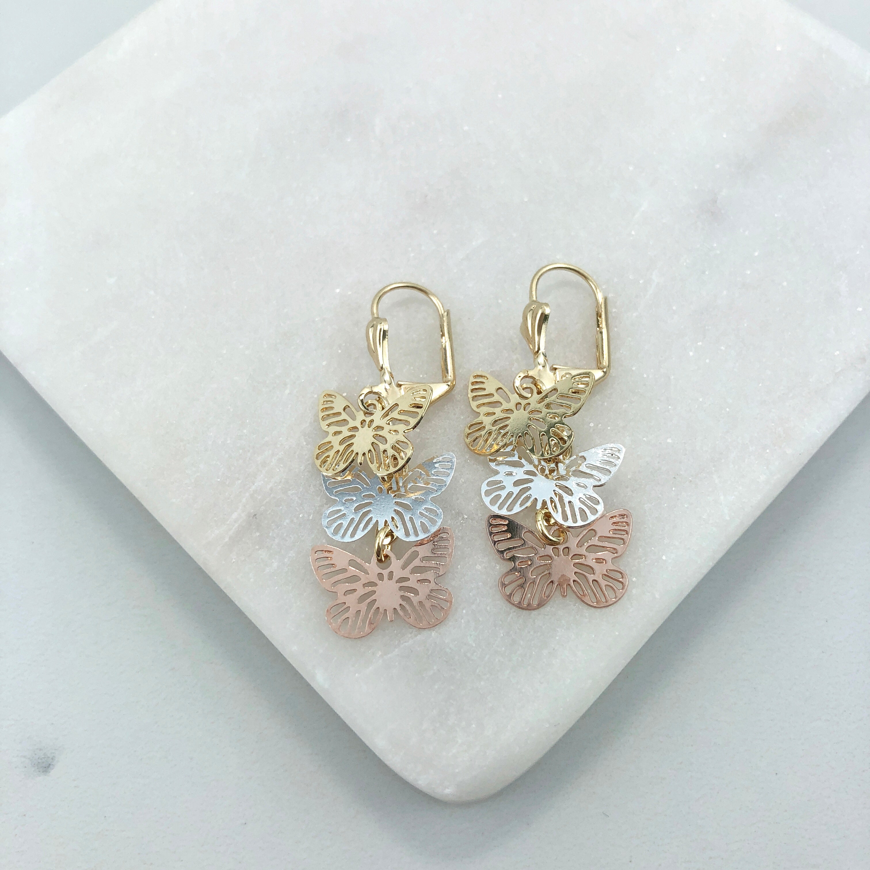 18K Gold Layered Oro Laminado Tri-Tone Cut Out Butterfly Design Dangle Earrings 21.0343