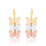18K Gold Layered Oro Laminado Tri-Tone Cut Out Butterfly Design Dangle Earrings 21.0343