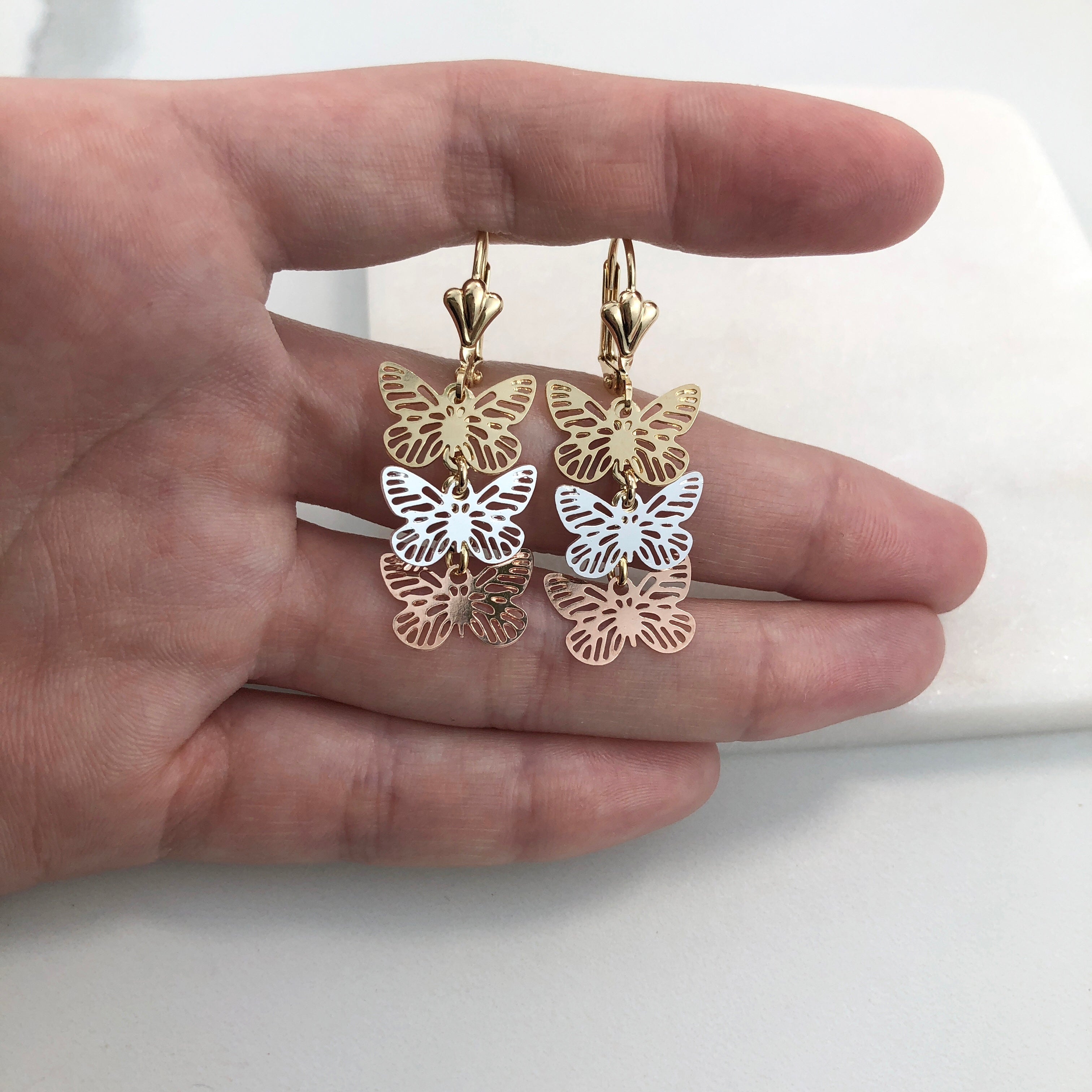 18K Gold Layered Oro Laminado Tri-Tone Cut Out Butterfly Design Dangle Earrings 21.0343