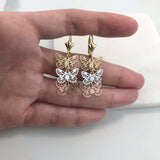 18K Gold Layered Oro Laminado Tri-Tone Cut Out Butterfly Design Dangle Earrings 21.0343