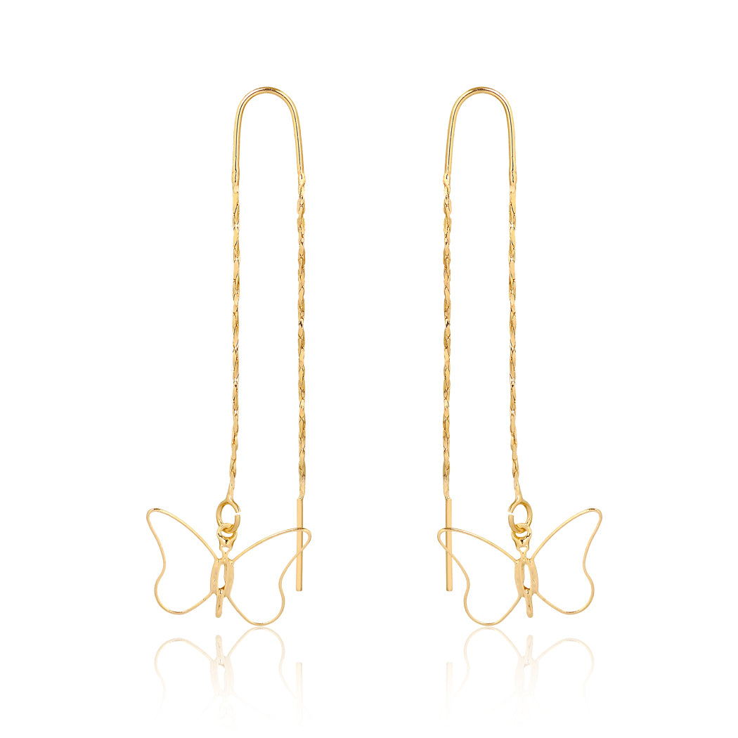 18K Gold Layered  Oro Laminado Cut Out Butterfly Design In Long Threader Earrings 21.0350
