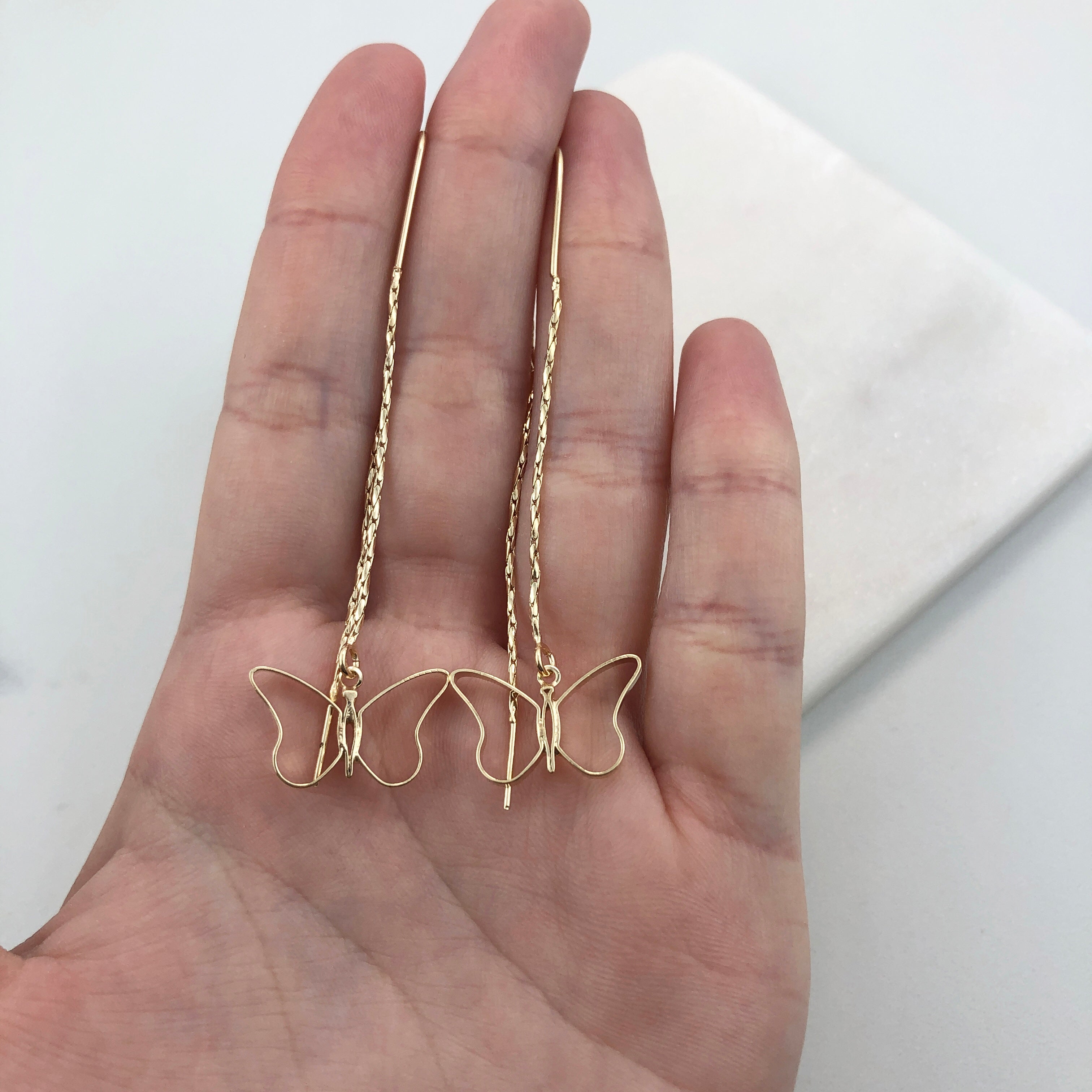 18K Gold Layered  Oro Laminado Cut Out Butterfly Design In Long Threader Earrings 21.0350