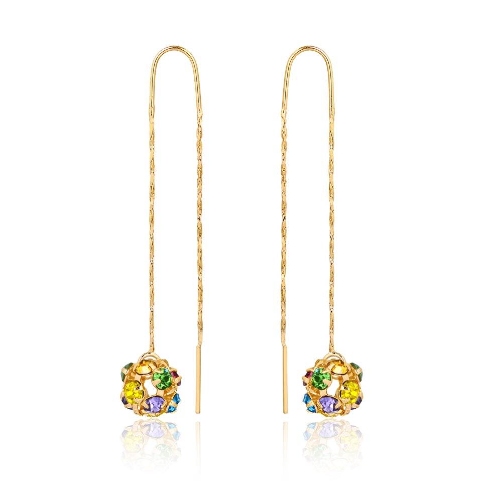 18K Gold Layered Oro Laminado Assorted Fire Ball Colors In Long Threader Earrings Wholesale 21.0357/1/3/8/17/21/31/38/71