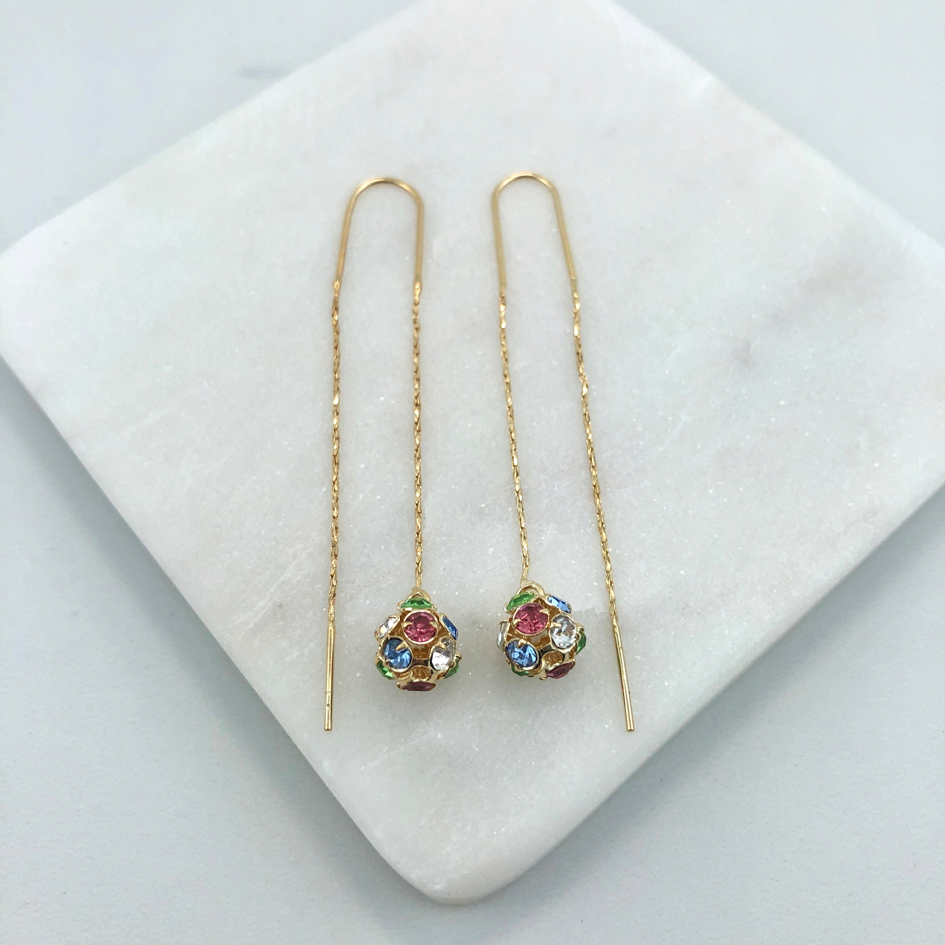 18K Gold Layered Oro Laminado Assorted Fire Ball Colors In Long Threader Earrings Wholesale 21.0357/1/3/8/17/21/31/38/71