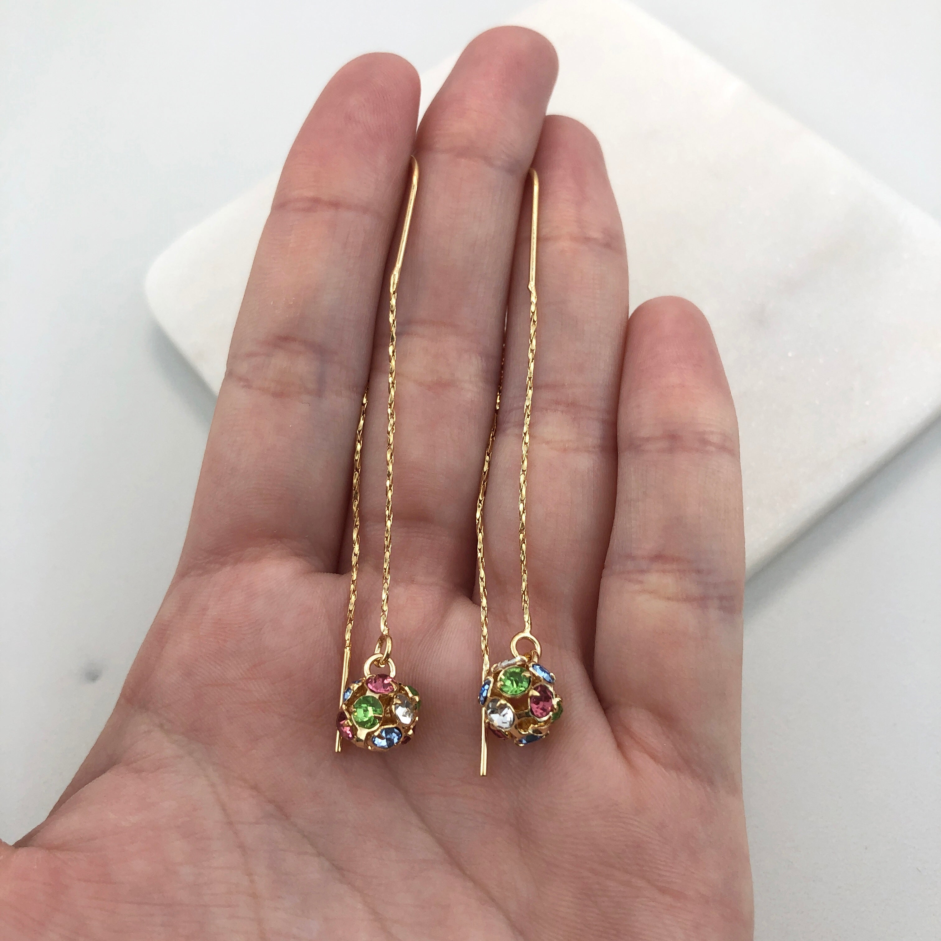 18K Gold Layered Oro Laminado Assorted Fire Ball Colors In Long Threader Earrings Wholesale 21.0357/1/3/8/17/21/31/38/71