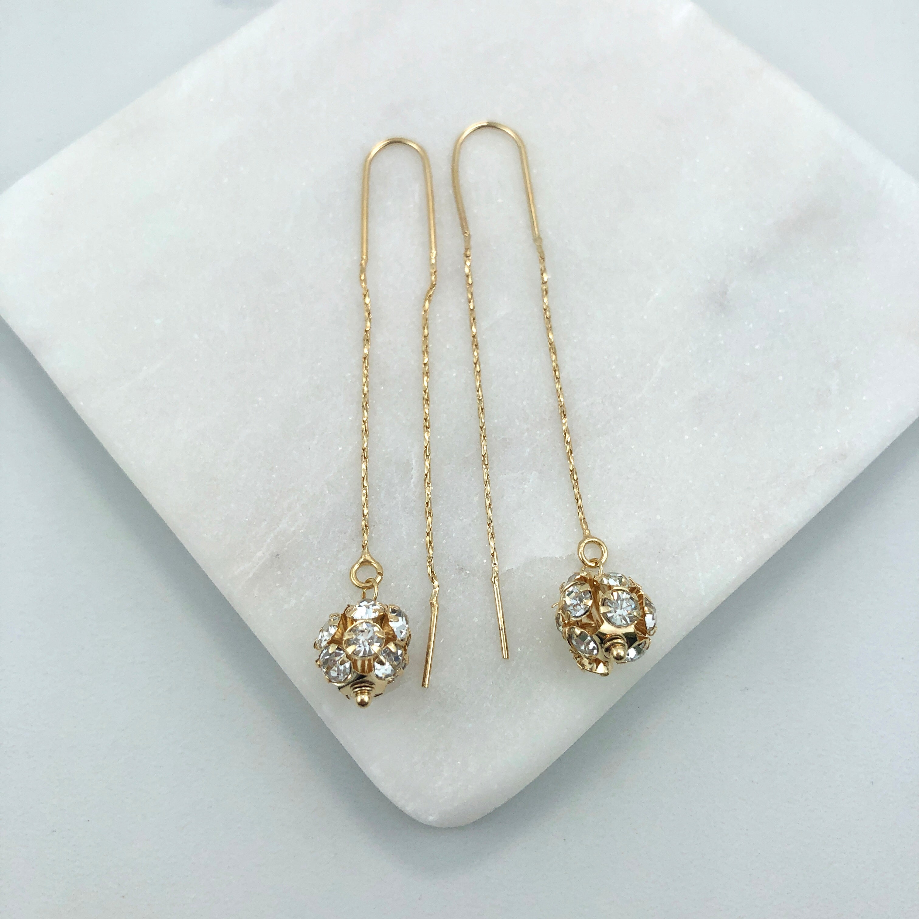 18K Gold Layered Oro Laminado Assorted Fire Ball Colors In Long Threader Earrings Wholesale 21.0357/1/3/8/17/21/31/38/71