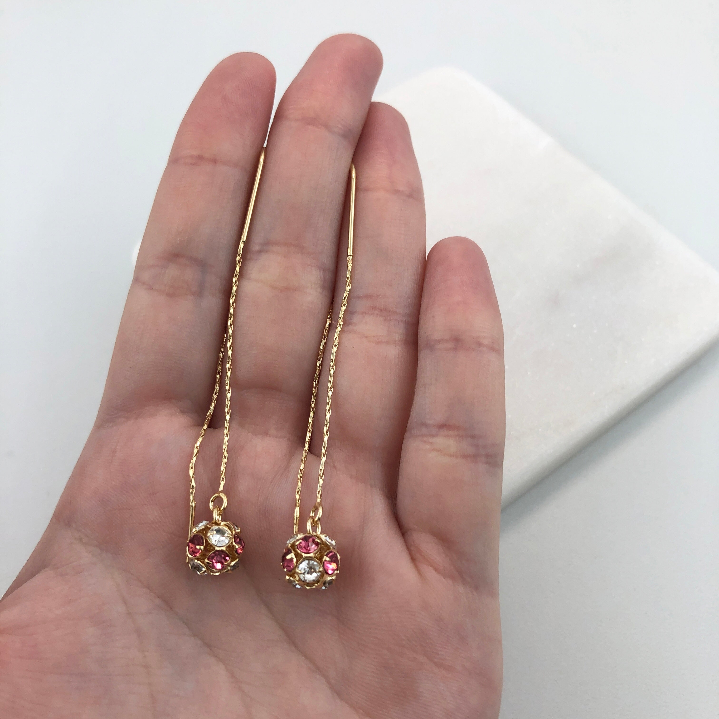 18K Gold Layered Oro Laminado Assorted Fire Ball Colors In Long Threader Earrings Wholesale 21.0357/1/3/8/17/21/31/38/71