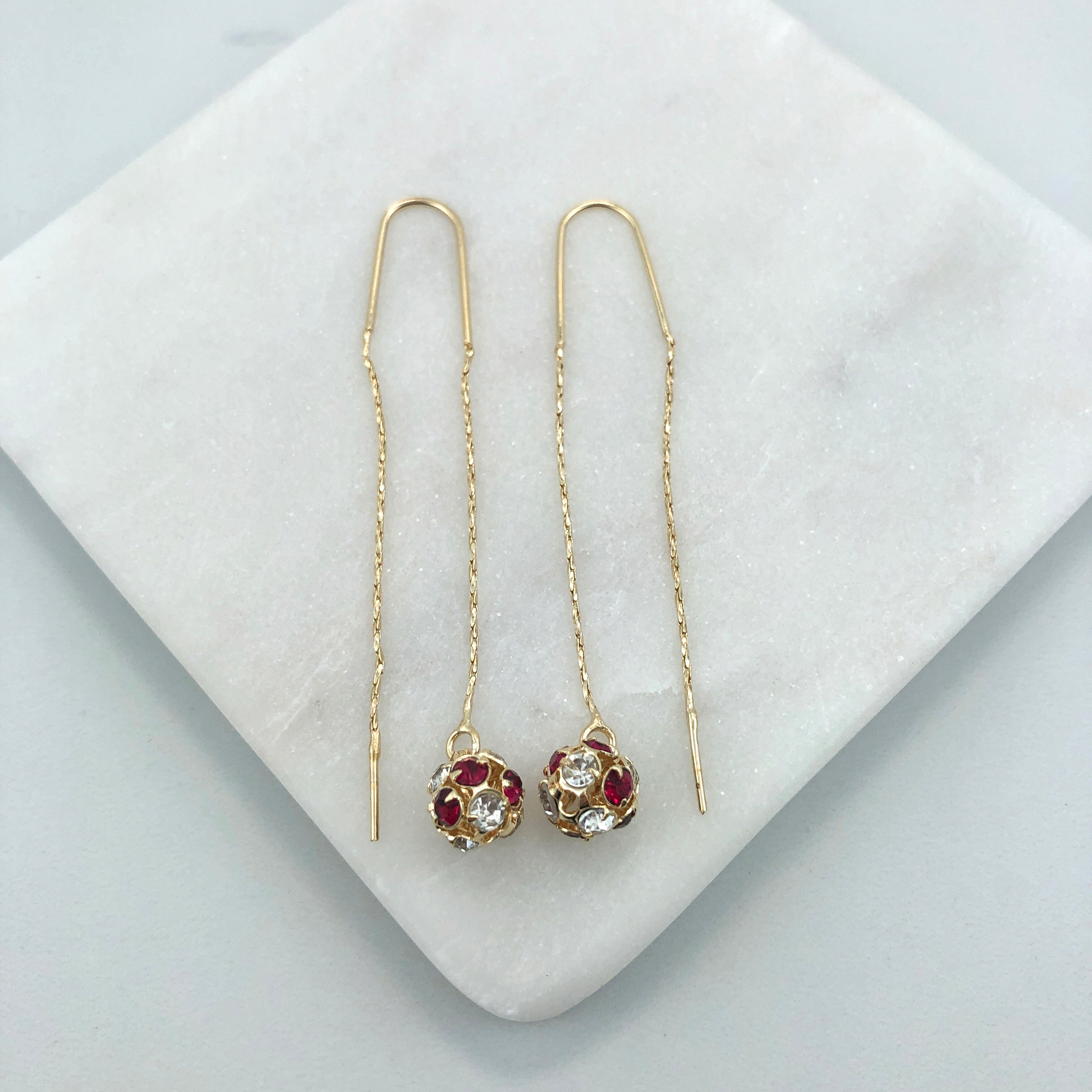 18K Gold Layered Oro Laminado Assorted Fire Ball Colors In Long Threader Earrings Wholesale 21.0357/1/3/8/17/21/31/38/71