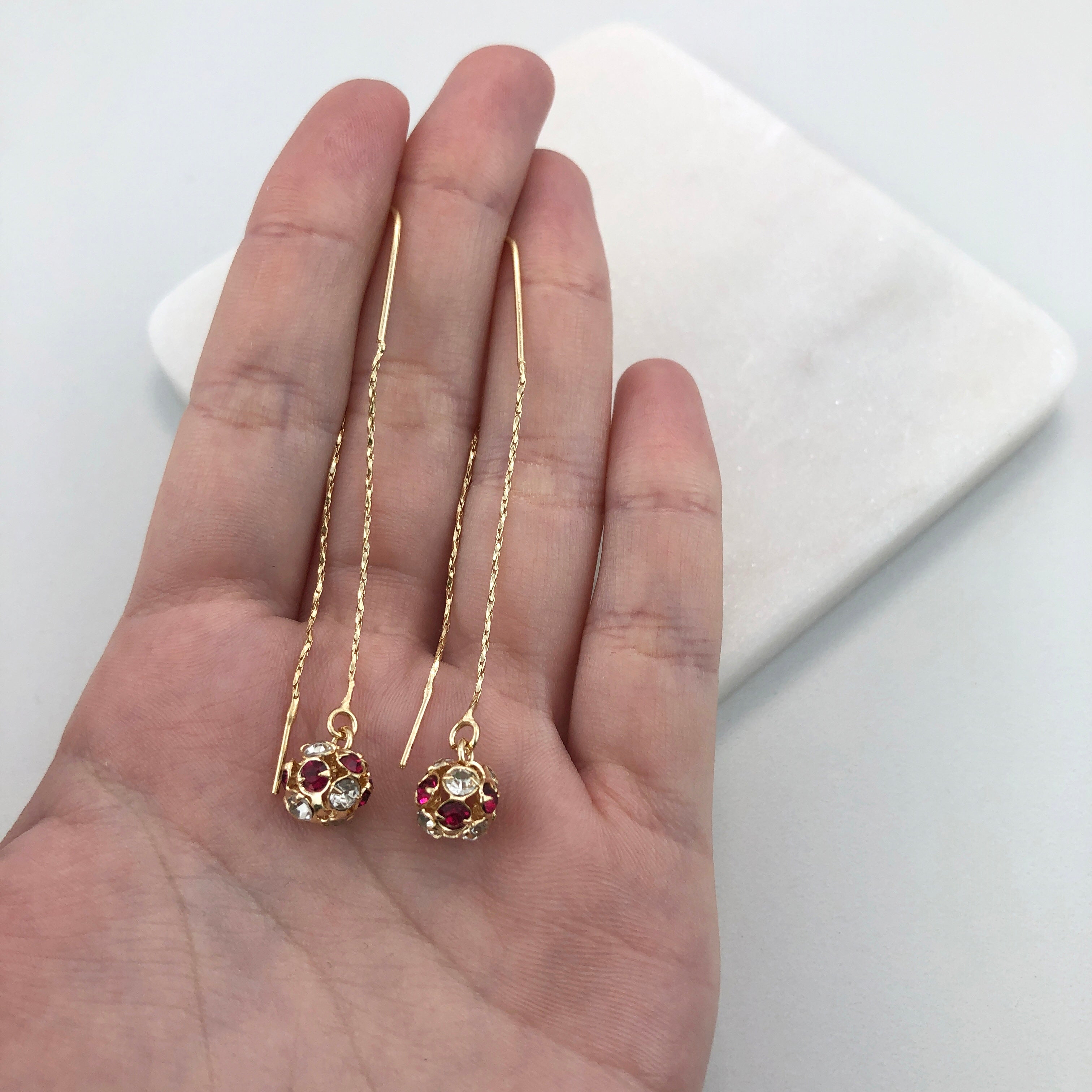 18K Gold Layered Oro Laminado Assorted Fire Ball Colors In Long Threader Earrings Wholesale 21.0357/1/3/8/17/21/31/38/71