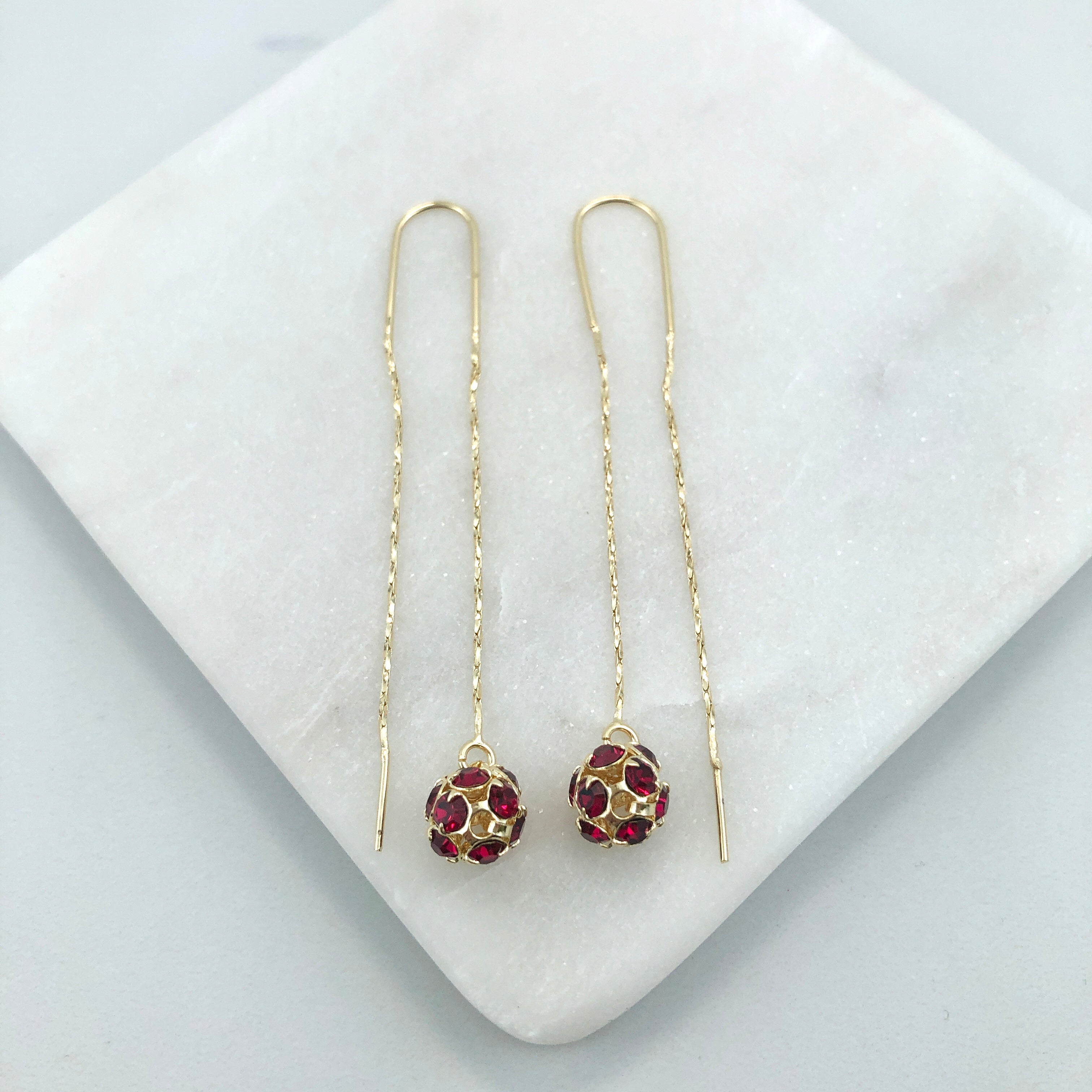 18K Gold Layered Oro Laminado Assorted Fire Ball Colors In Long Threader Earrings Wholesale 21.0357/1/3/8/17/21/31/38/71
