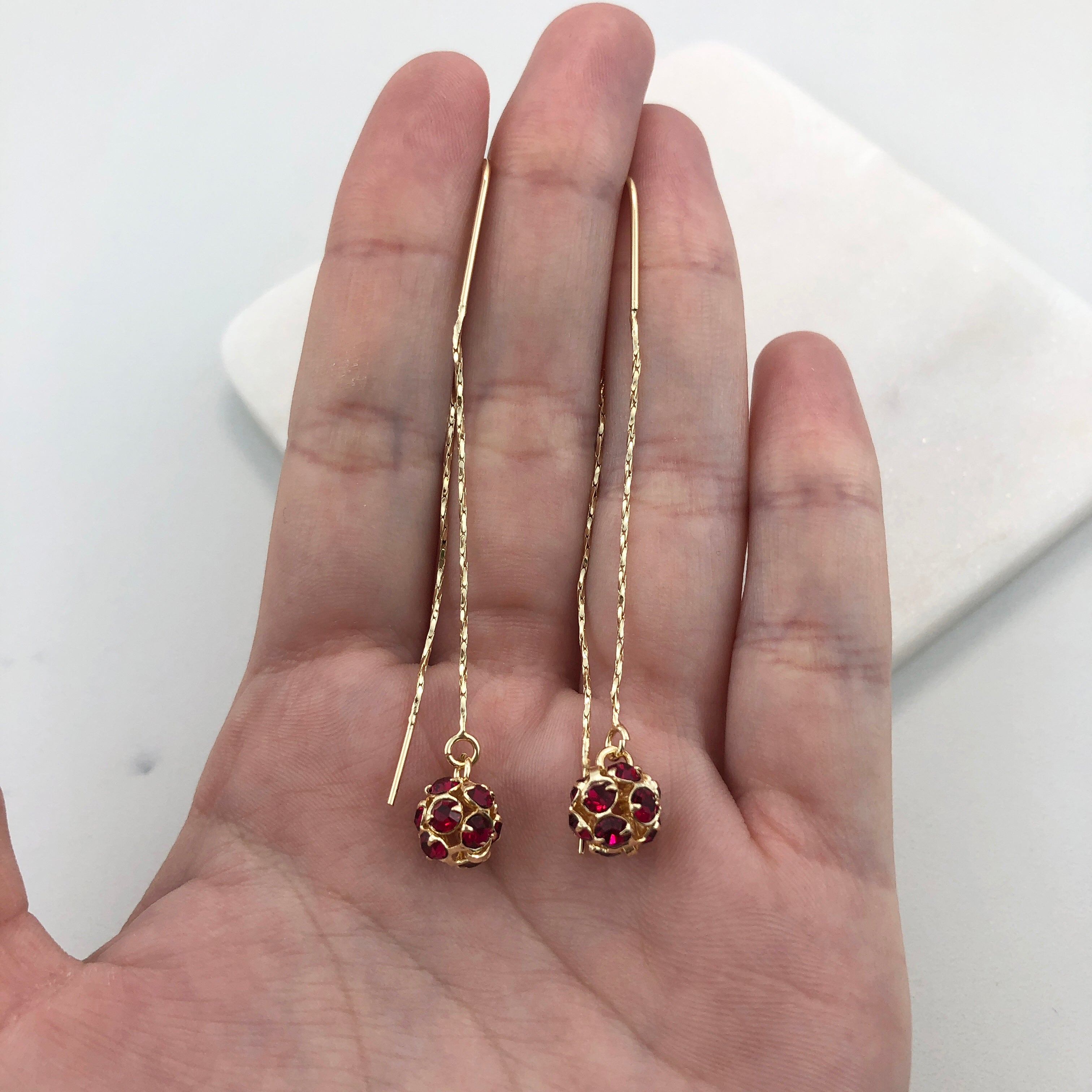 18K Gold Layered Oro Laminado Assorted Fire Ball Colors In Long Threader Earrings Wholesale 21.0357/1/3/8/17/21/31/38/71
