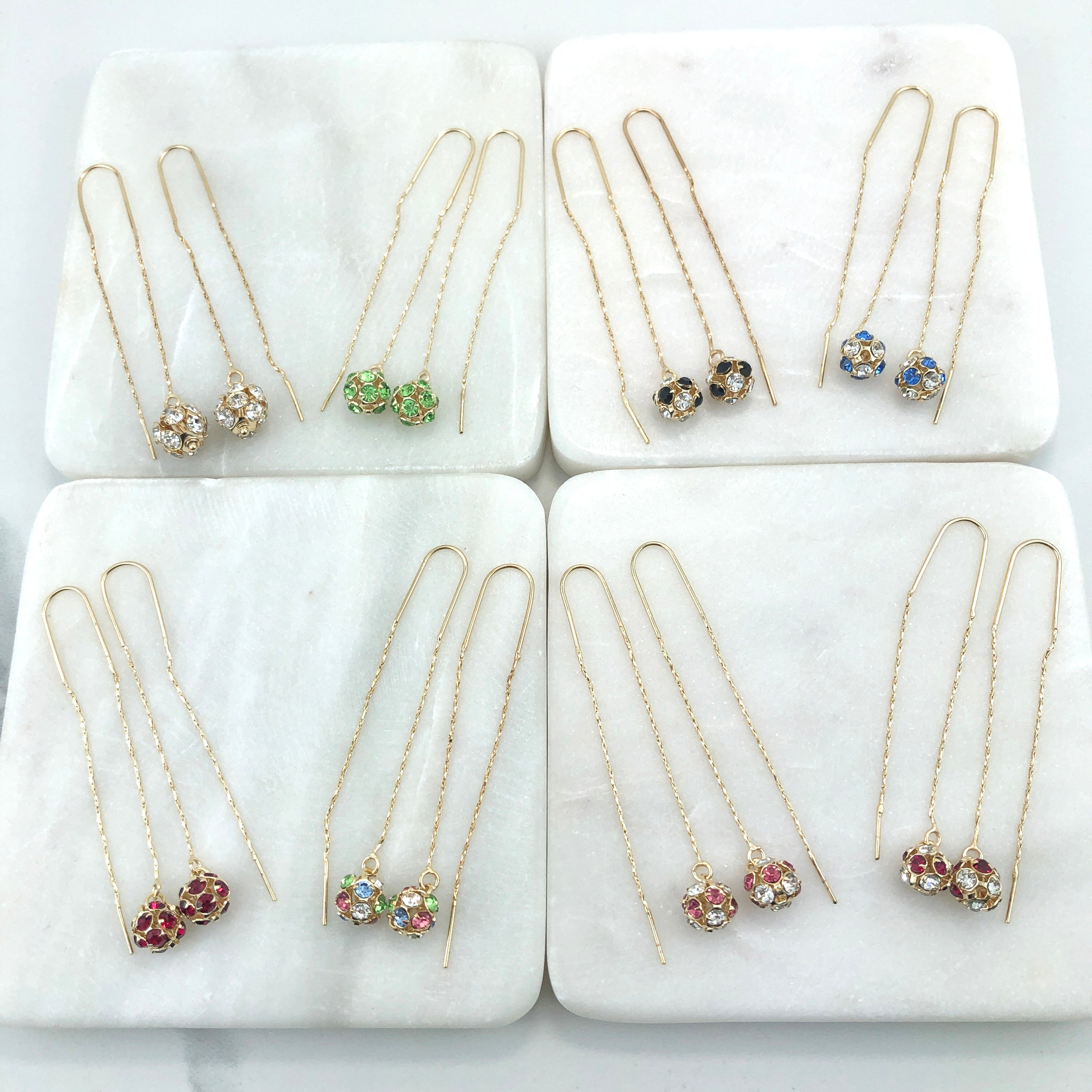 18K Gold Layered Oro Laminado Assorted Fire Ball Colors In Long Threader Earrings Wholesale 21.0357/1/3/8/17/21/31/38/71