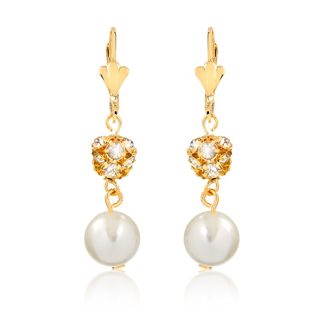 18K Gold Layered  Oro Laminado Clear CZ Fire Ball With Pearl Drop