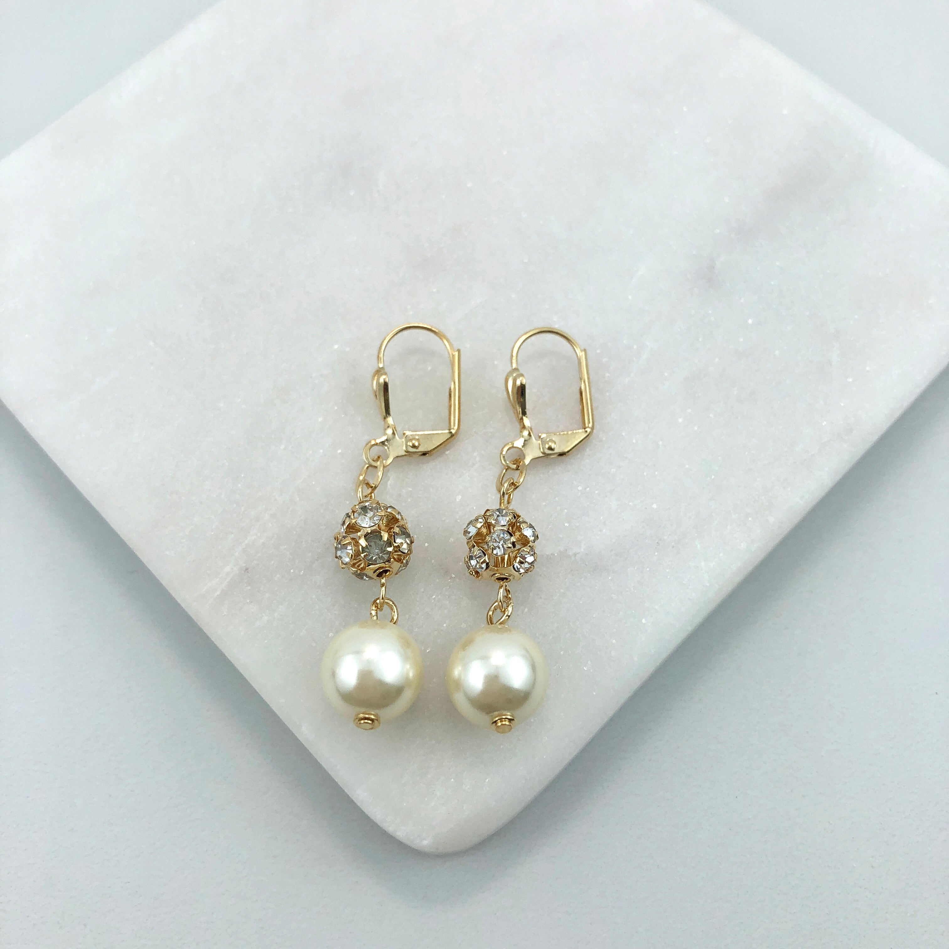 18K Gold Layered  Oro Laminado Clear CZ Fire Ball With Pearl Drop