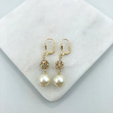 18K Gold Layered  Oro Laminado Clear CZ Fire Ball With Pearl Drop