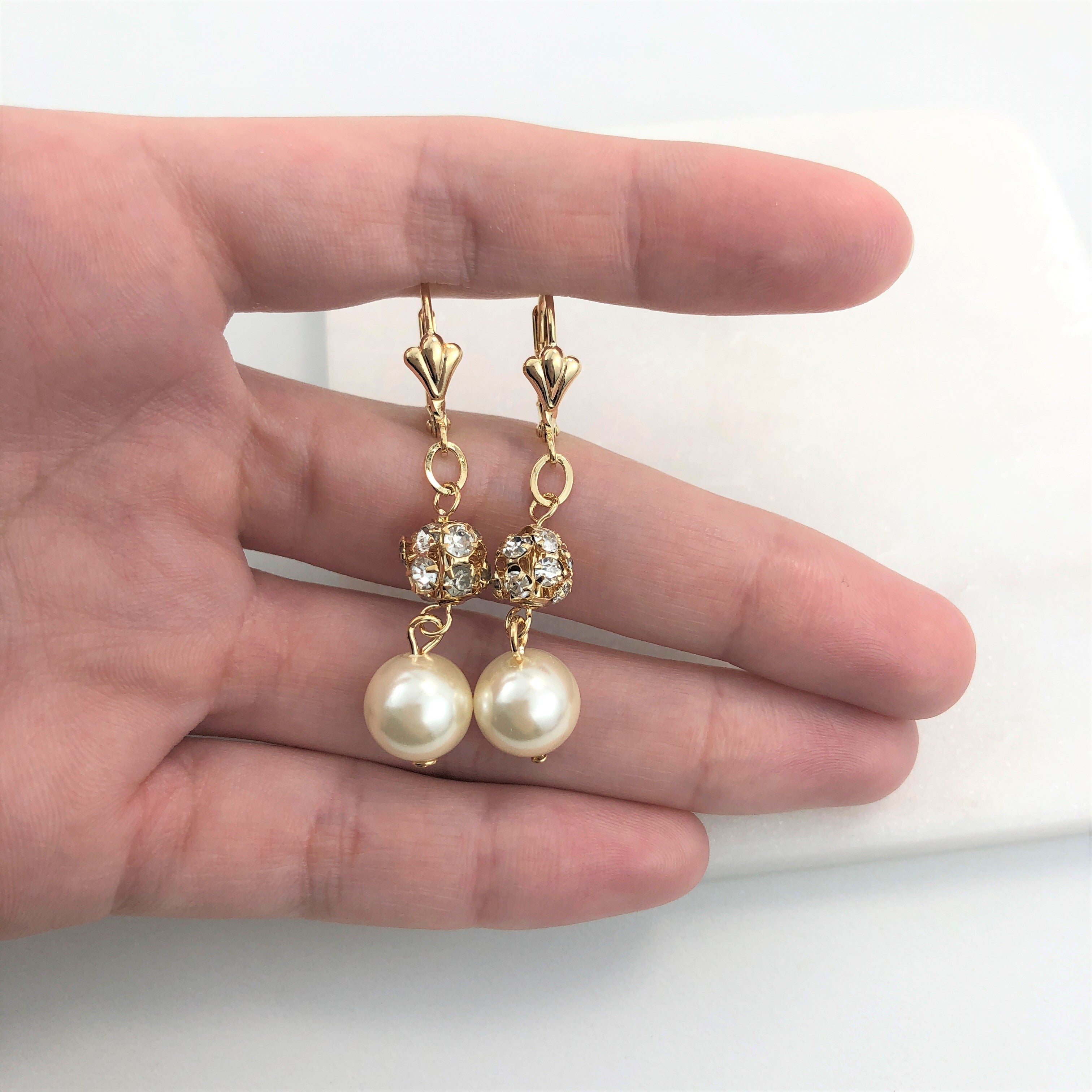 18K Gold Layered  Oro Laminado Clear CZ Fire Ball With Pearl Drop