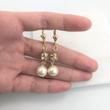 18K Gold Layered  Oro Laminado Clear CZ Fire Ball With Pearl Drop