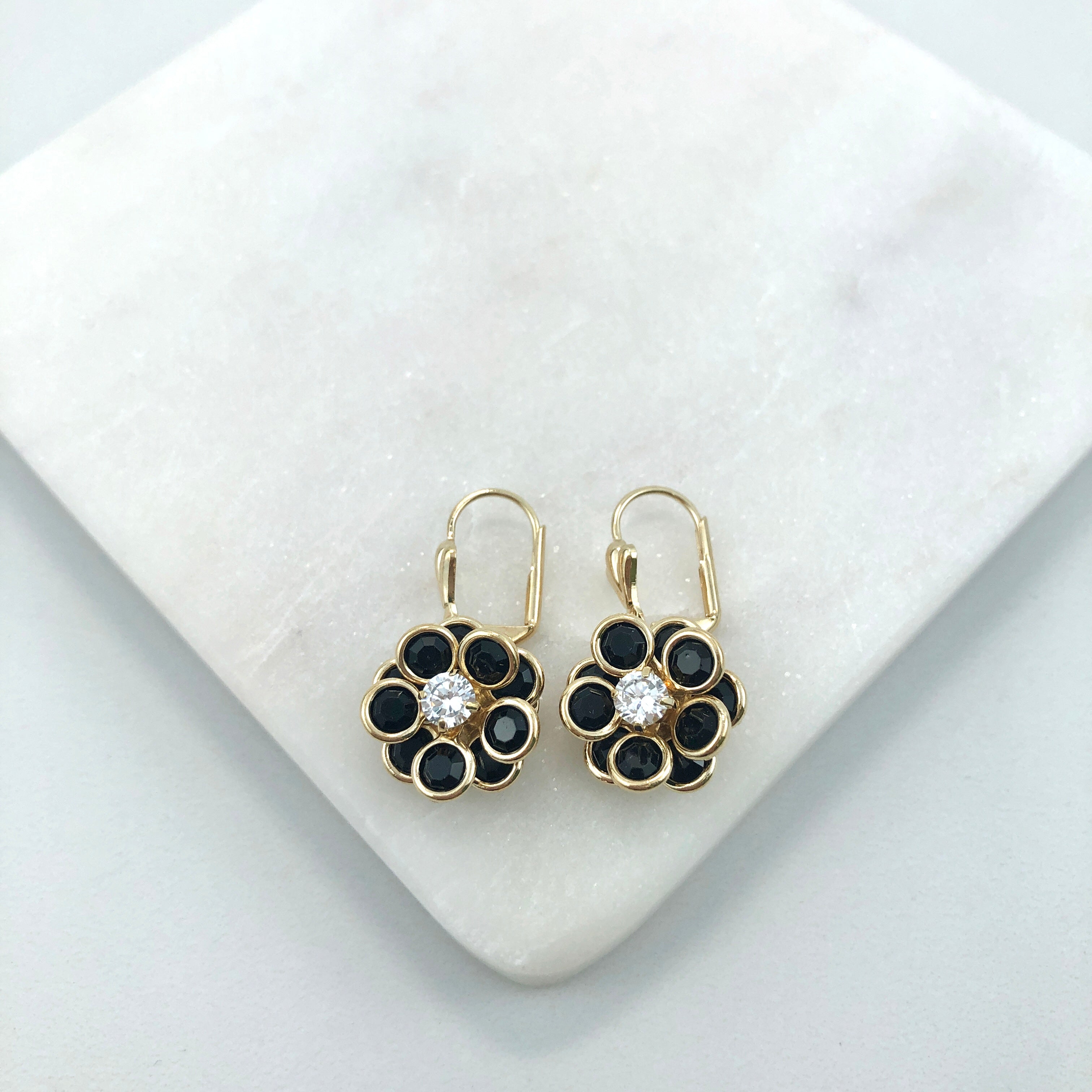 18K Gold Layered Oro Laminado Clear Cubic Zirconia Center with Black