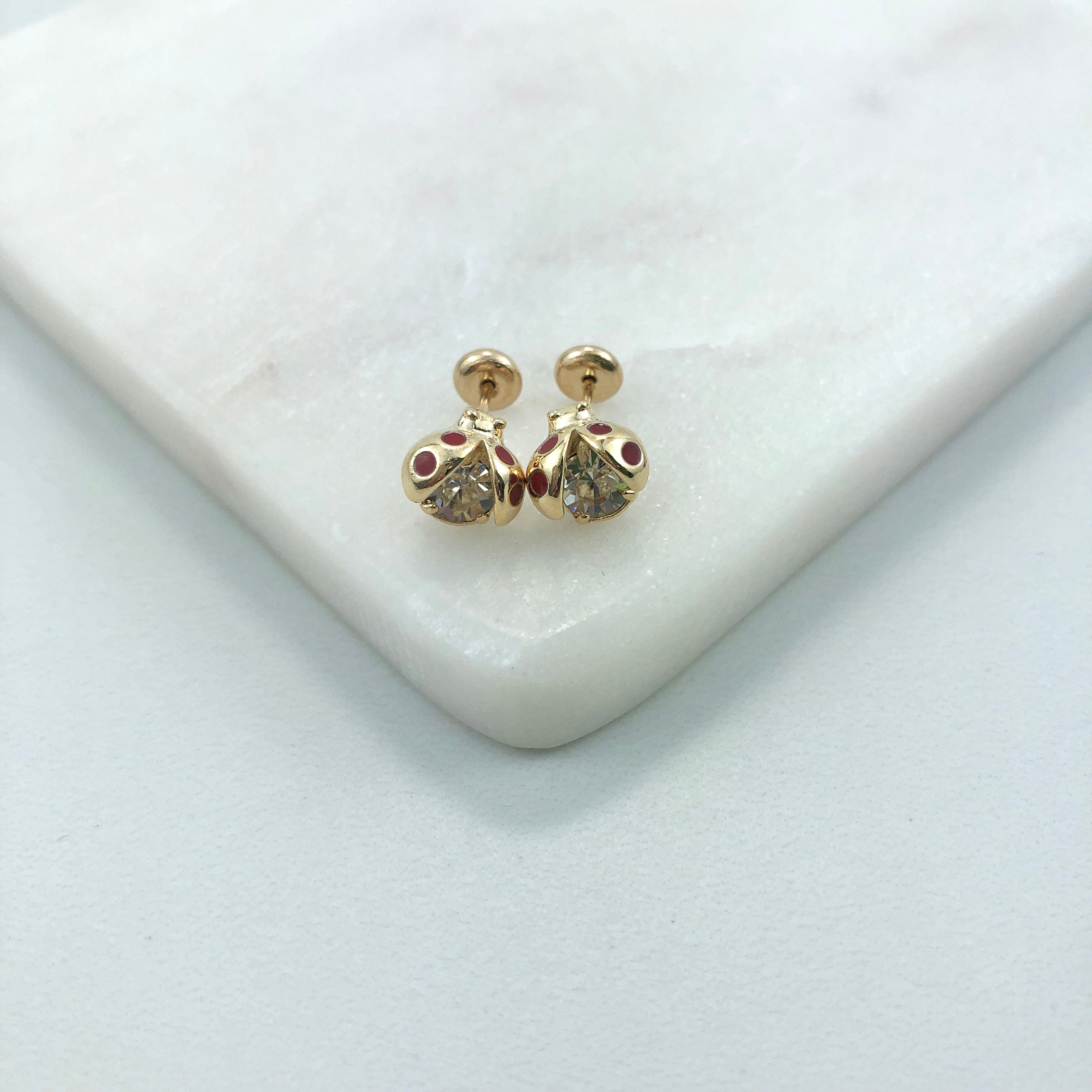 18K Gold Layered Oro Laminado Lady Bug With Clear Rhinestone Plug Kids Earrings 21.0413/3