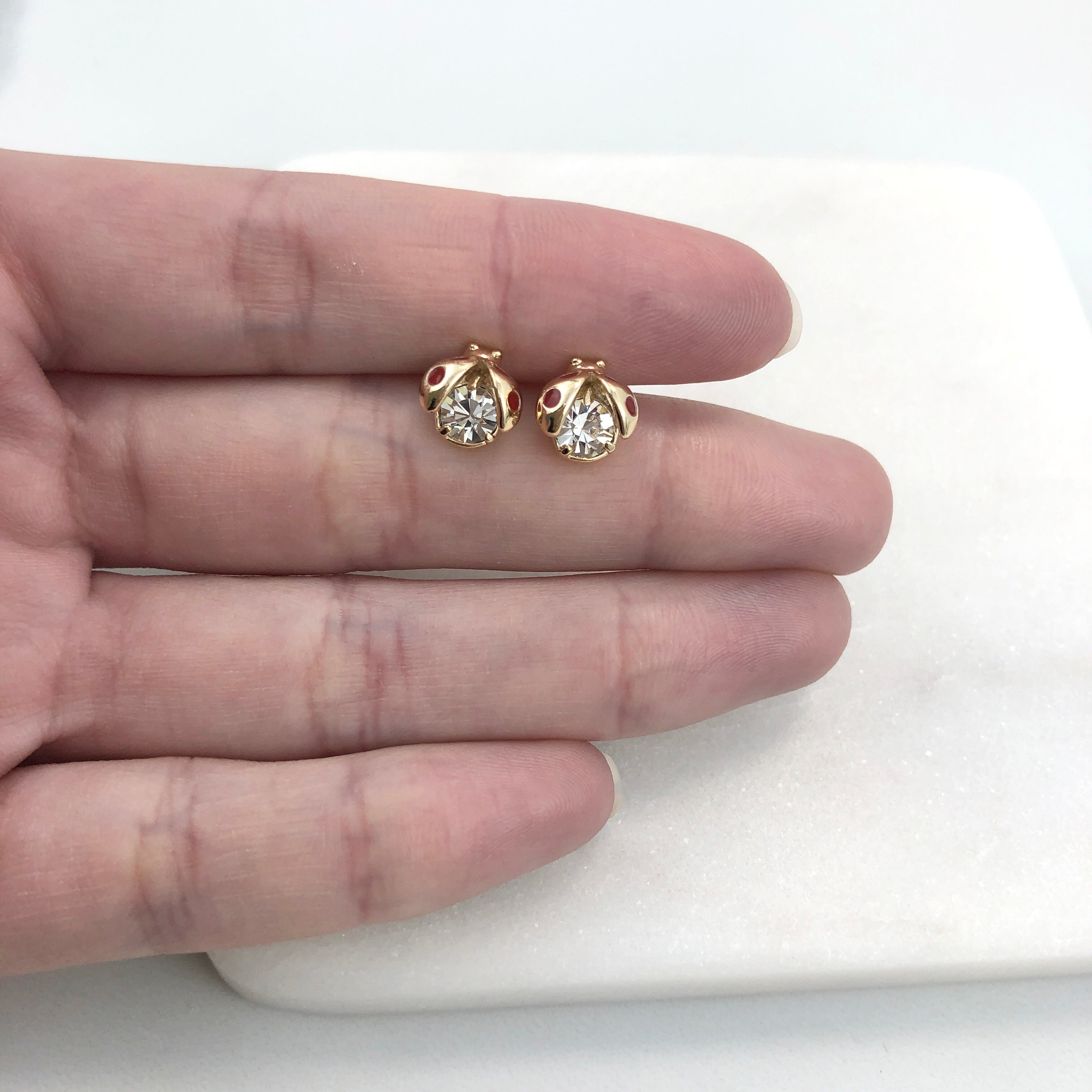 18K Gold Layered Oro Laminado Lady Bug With Clear Rhinestone Plug Kids Earrings 21.0413/3
