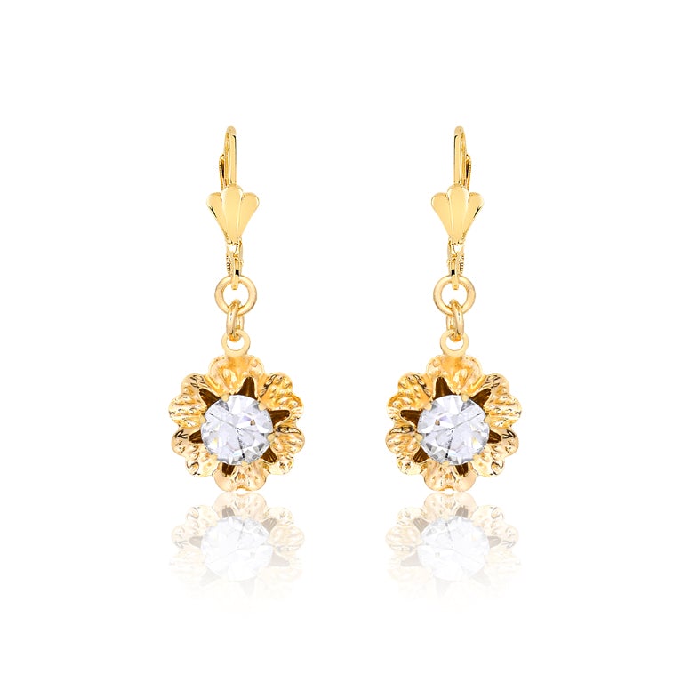 18K Gold Layered Oro Laminado Assorted Rhinestone In Texturized Flower Lever Back