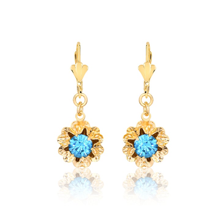 18K Gold Layered Oro Laminado Assorted Rhinestone In Texturized Flower Lever Back