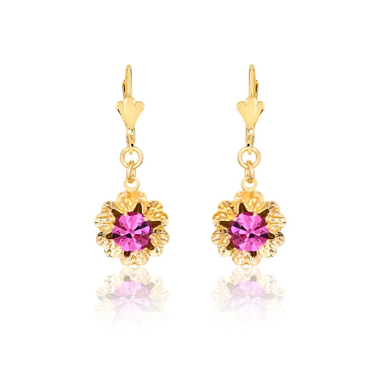 18K Gold Layered Oro Laminado Assorted Rhinestone In Texturized Flower Lever Back