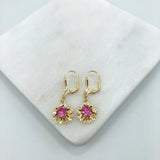 18K Gold Layered Oro Laminado Assorted Rhinestone In Texturized Flower Lever Back