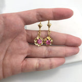 18K Gold Layered Oro Laminado Assorted Rhinestone In Texturized Flower Lever Back