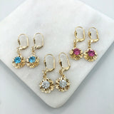 18K Gold Layered Oro Laminado Assorted Rhinestone In Texturized Flower Lever Back
