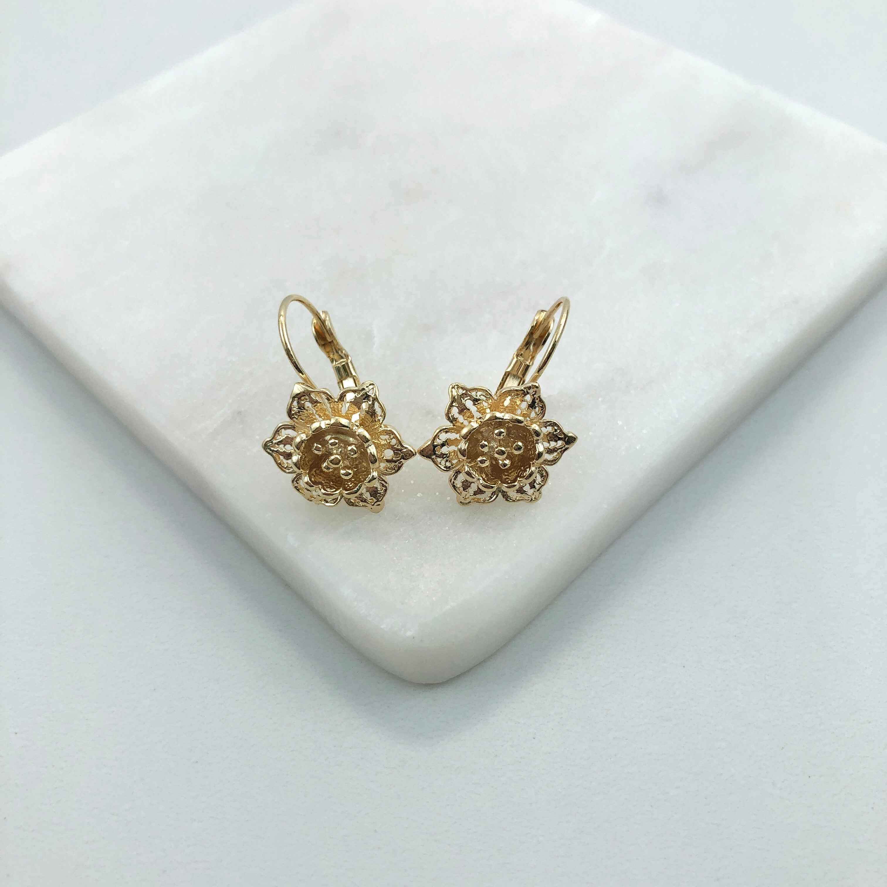 18K Gold Layered Oro Laminado Texturized Flower Lever Back Earrings Wholesale 21.0432
