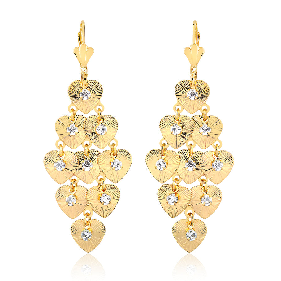 18K Gold Layered Oro Laminado Clear CZ Hearts Design Chandelier Leverback Earrings 21.0437/1