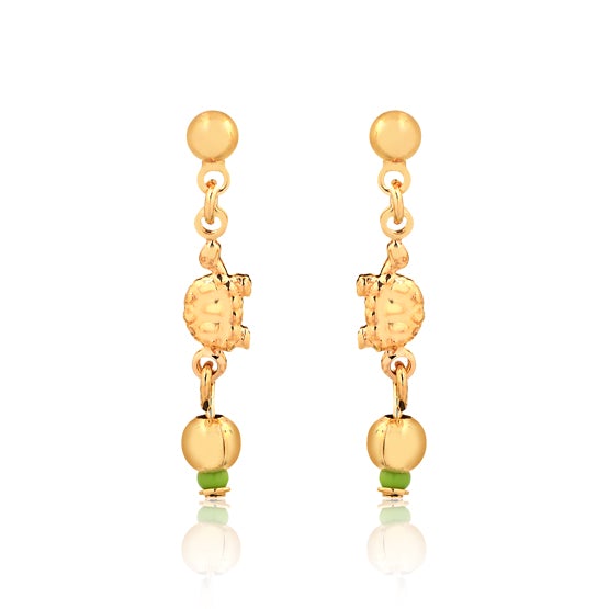 18K Gold Layered Oro Laminado Turtle Design Green Rhinestone Drop Earplugs Kids Earrings Wholesale 21.0440/8