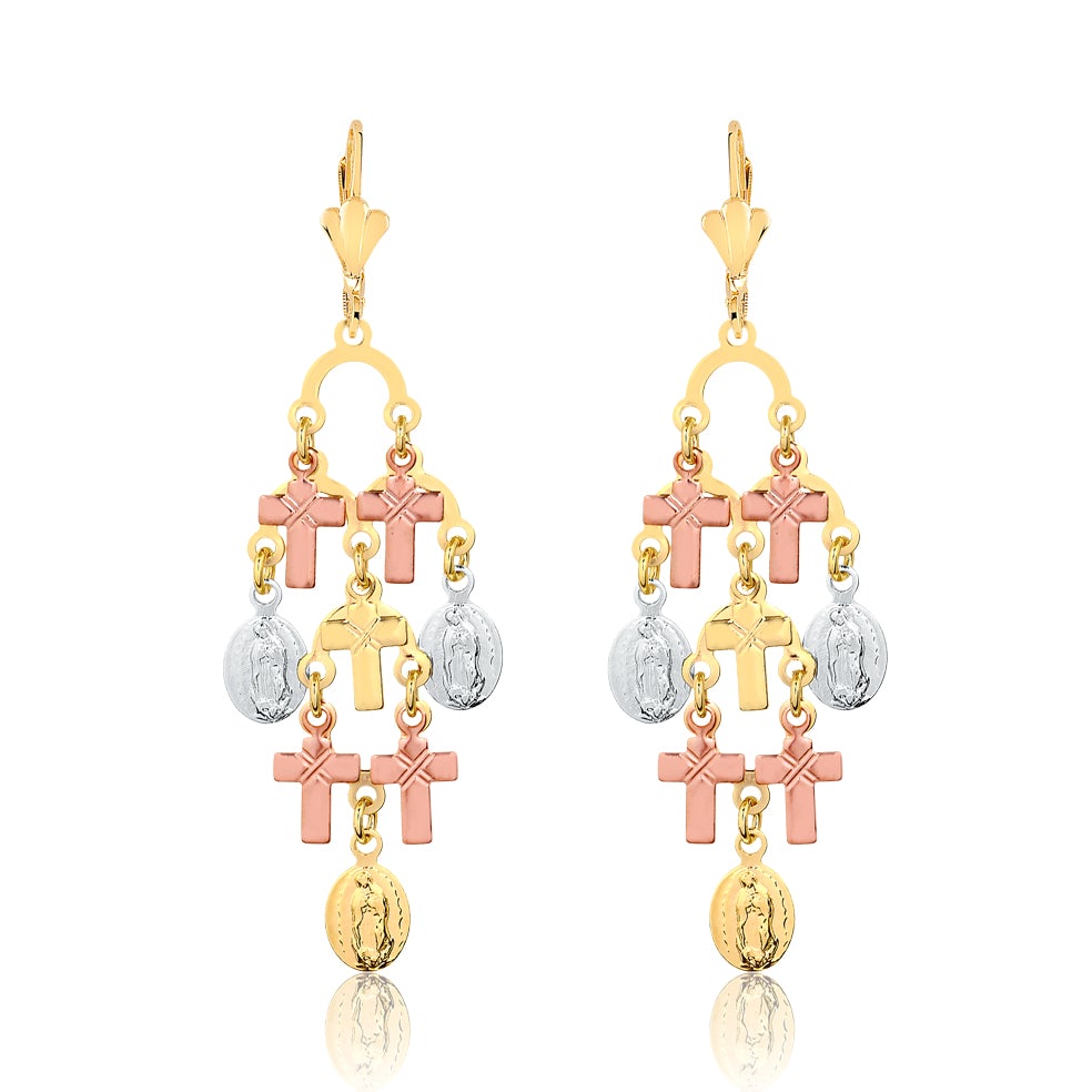 18K Gold Layered Oro Laminado Crosses and Ladies of Guadalupe Chandelier Leverback Earrings Wholesale 21.0441